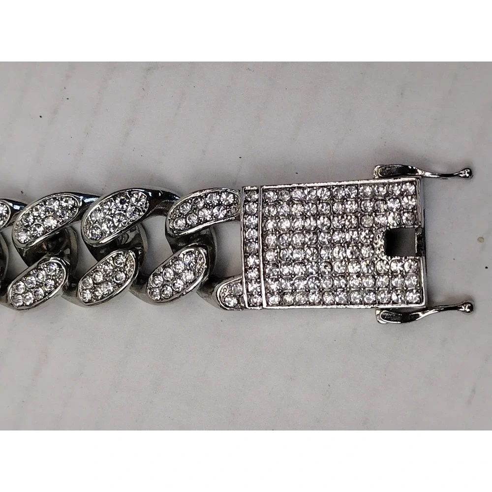 Miami Cuban Link Bracelet Silver Tone Solid Heavy Full Of Rhinestones Hip Hop